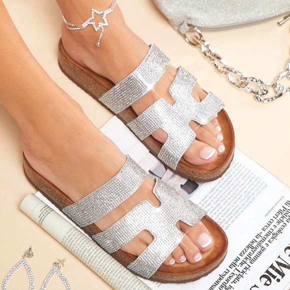 Silver Slide Flat Sandals with Rhinestones - Picture 5 of 5